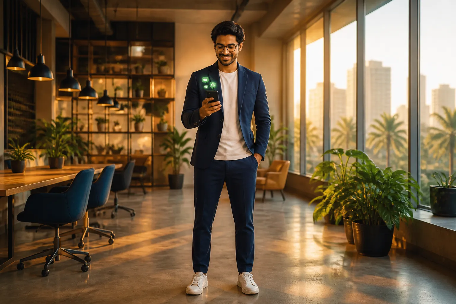 Indian entrepreneur reviewing WhatsApp marketing campaign results on mobile